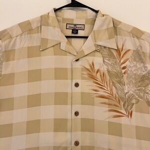 Tommy Bahama Mens XL 100% Silk Shirt Tan Checkered Tropical Palm Leaf Button